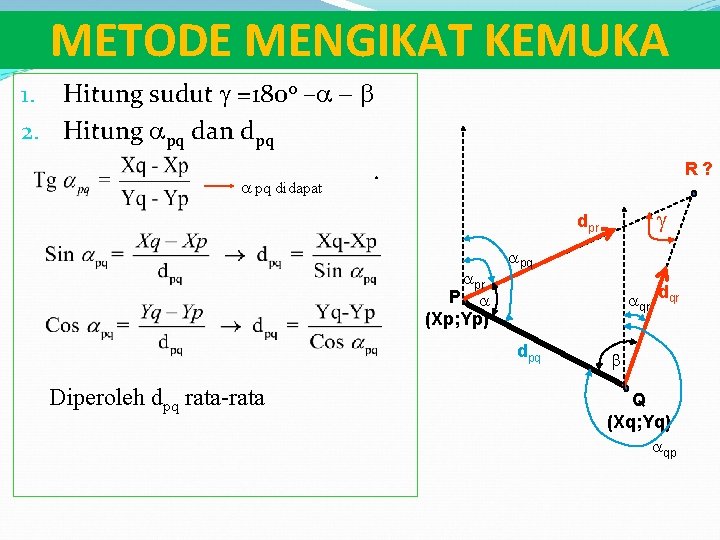 METODE MENGIKAT KEMUKA 1. Hitung sudut g =180 o –a - b 2. Hitung