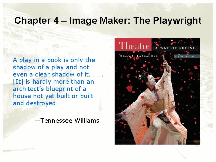 Chapter 4 – Image Maker: The Playwright A play in a book is only