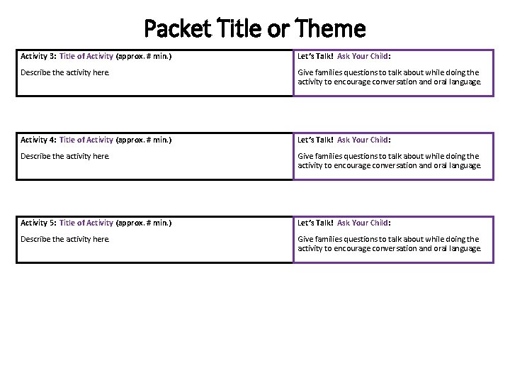 Packet Title or Theme Activity 3: Title of Activity (approx. # min. ) Let’s