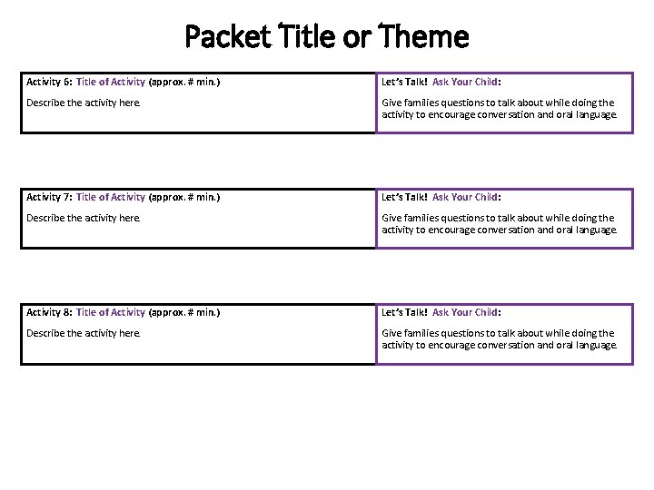 Packet Title or Theme Activity 6: Title of Activity (approx. # min. ) Let’s