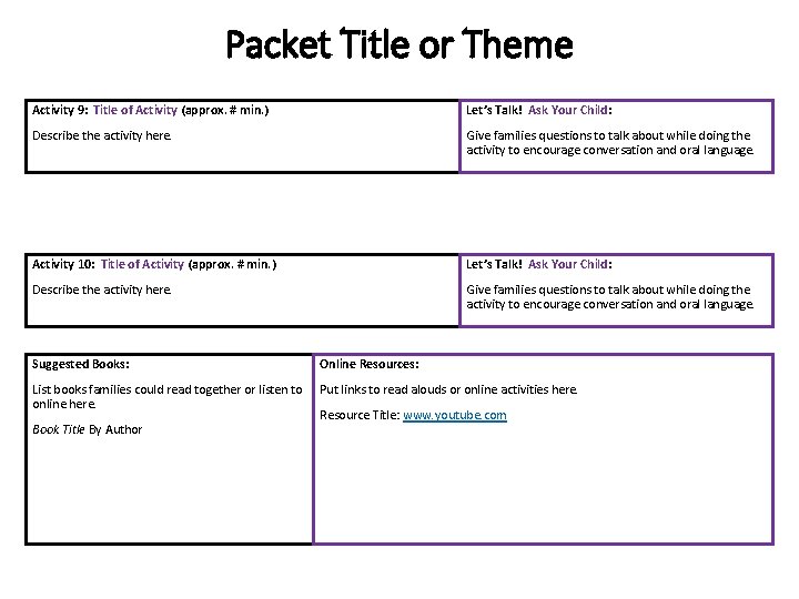 Packet Title or Theme Activity 9: Title of Activity (approx. # min. ) Let’s