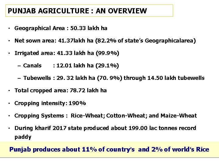 PUNJAB AGRICULTURE : AN OVERVIEW • Geographical Area : 50. 33 lakh ha •