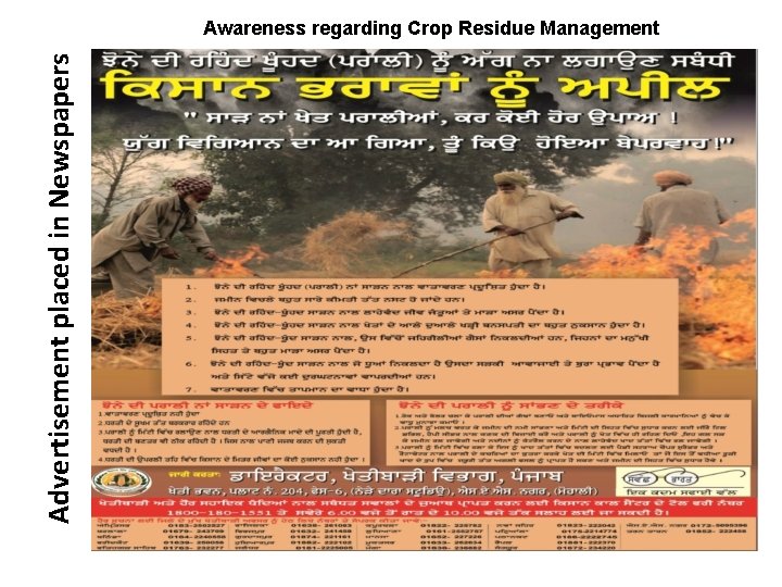 Advertisement placed in Newspapers Awareness regarding Crop Residue Management 