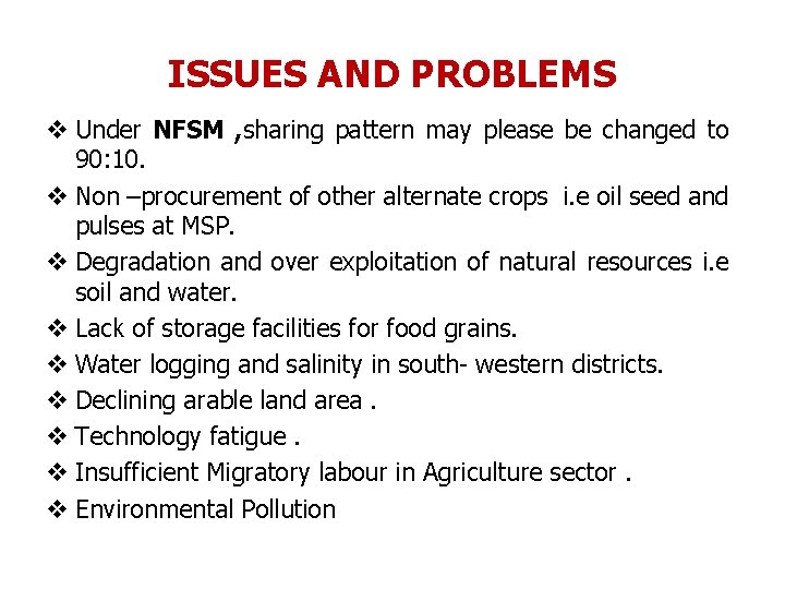 ISSUES AND PROBLEMS v Under NFSM , sharing pattern may please be changed to