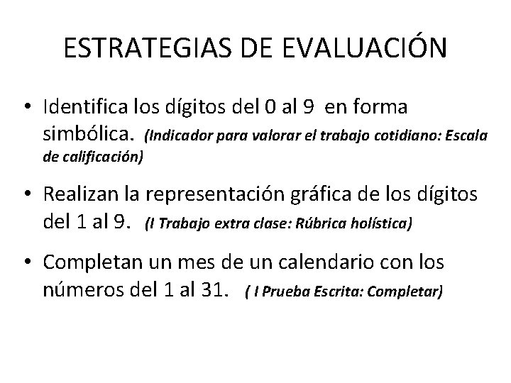 ESTRATEGIAS DE EVALUACIÓN • Identifica los dígitos del 0 al 9 en forma simbólica.