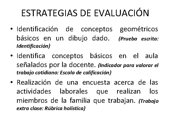 ESTRATEGIAS DE EVALUACIÓN • Identificación de conceptos geométricos básicos en un dibujo dado. (Prueba