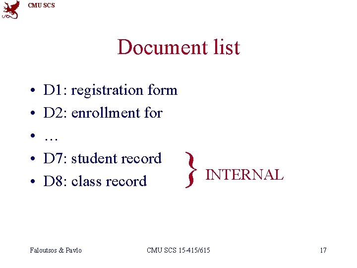 CMU SCS Document list • • • D 1: registration form D 2: enrollment