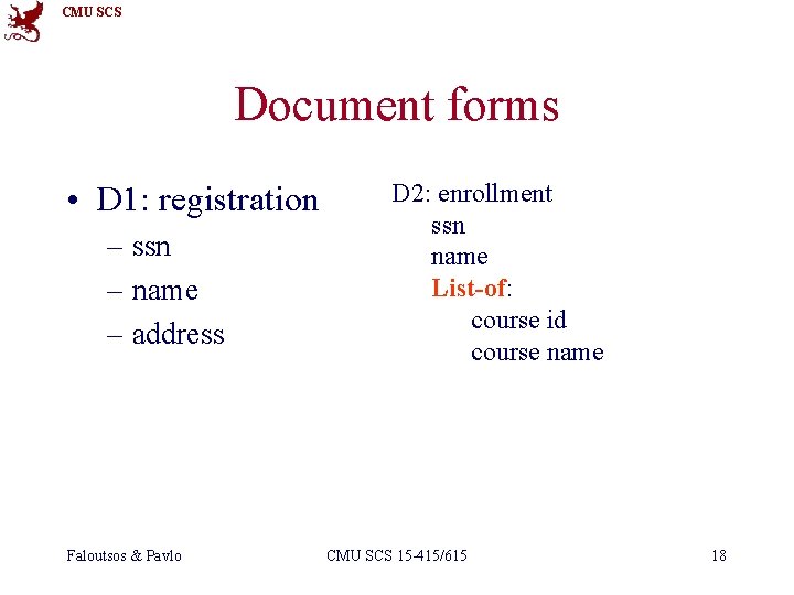 CMU SCS Document forms • D 1: registration – ssn – name – address