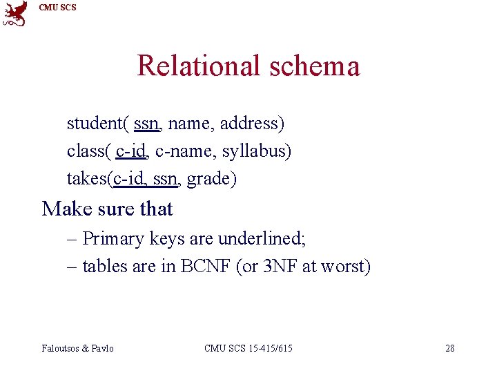 CMU SCS Relational schema student( ssn, name, address) class( c-id, c-name, syllabus) takes(c-id, ssn,