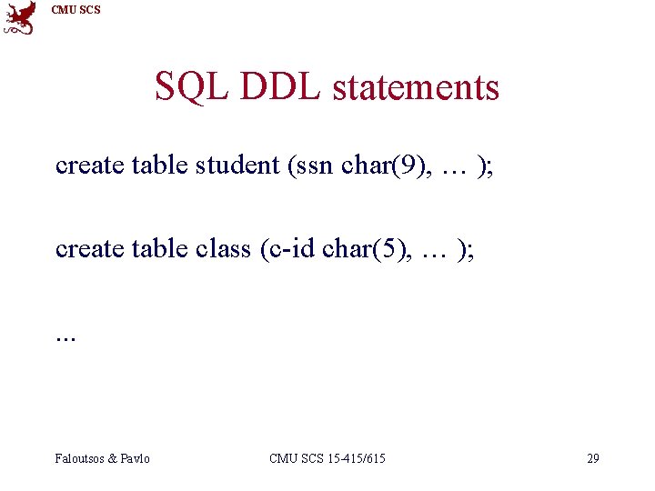 CMU SCS SQL DDL statements create table student (ssn char(9), … ); create table