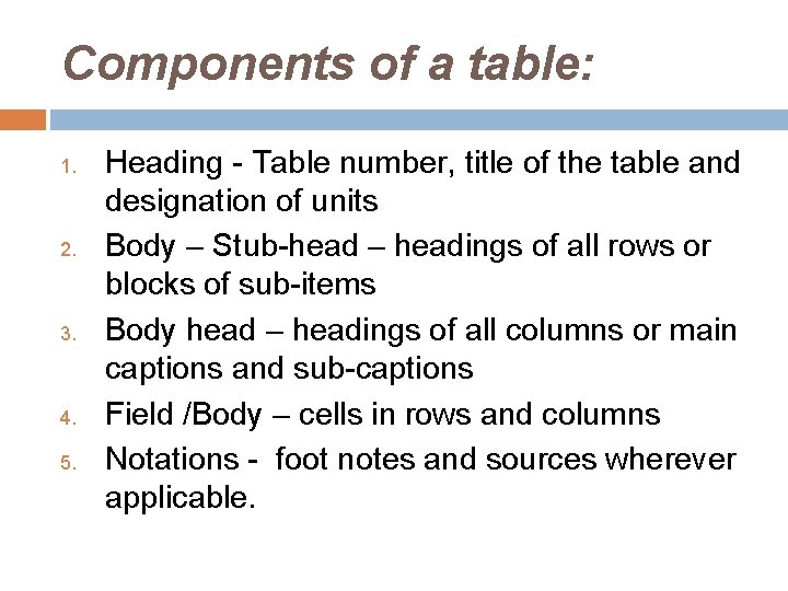 Components of a table: 1. 2. 3. 4. 5. Heading - Table number, title