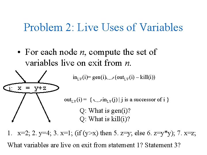 Problem 2: Live Uses of Variables • For each node n, compute the set Problem 2: Live Uses of Variables • For each node n, compute the set