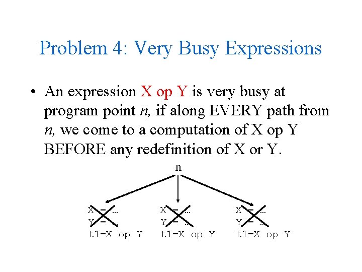 Problem 4: Very Busy Expressions • An expression X op Y is very busy Problem 4: Very Busy Expressions • An expression X op Y is very busy