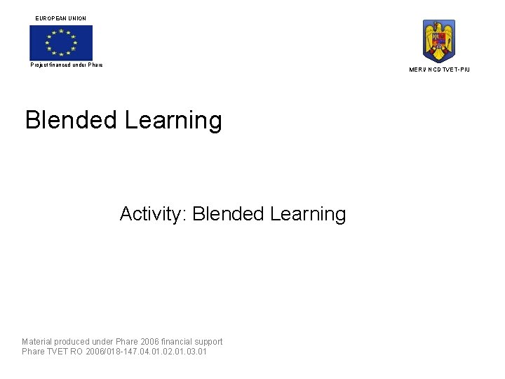 EUROPEAN UNION Project financed under Phare MERI/ NCDTVET-PIU Blended Learning Activity: Blended Learning Material