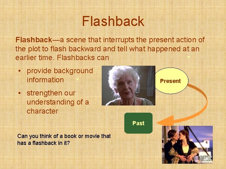 Flashback—a scene that interrupts the present action of the plot to flash backward and