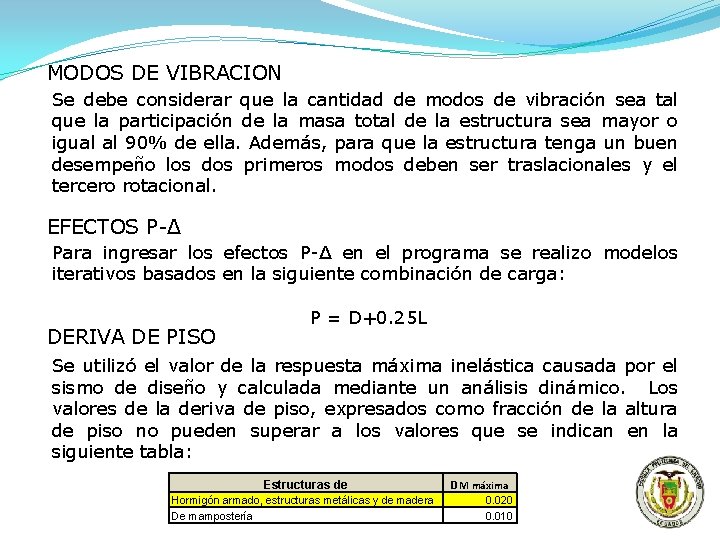 MODOS DE VIBRACION Se debe considerar que la cantidad de modos de vibración sea