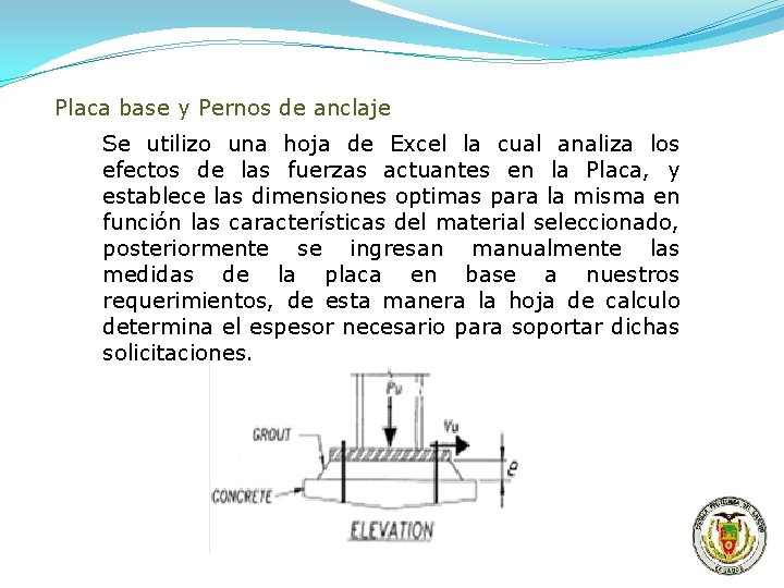 Placa base y Pernos de anclaje Se utilizo una hoja de Excel la cual