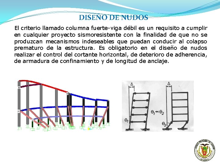 DISEÑO DE NUDOS El criterio llamado columna fuerte-viga débil es un requisito a cumplir