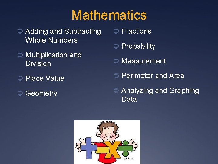 Mathematics Ü Adding and Subtracting Whole Numbers Ü Multiplication and Division Ü Fractions Ü