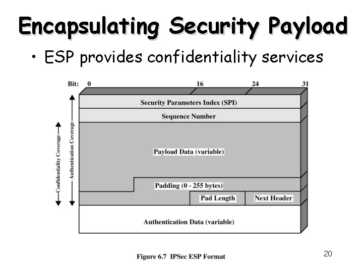Encapsulating Security Payload • ESP provides confidentiality services 20 