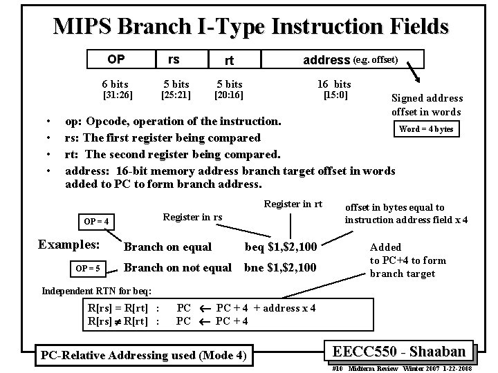 MIPS Branch I-Type Instruction Fields OP rs rt 6 bits 5 bits [31: 26]