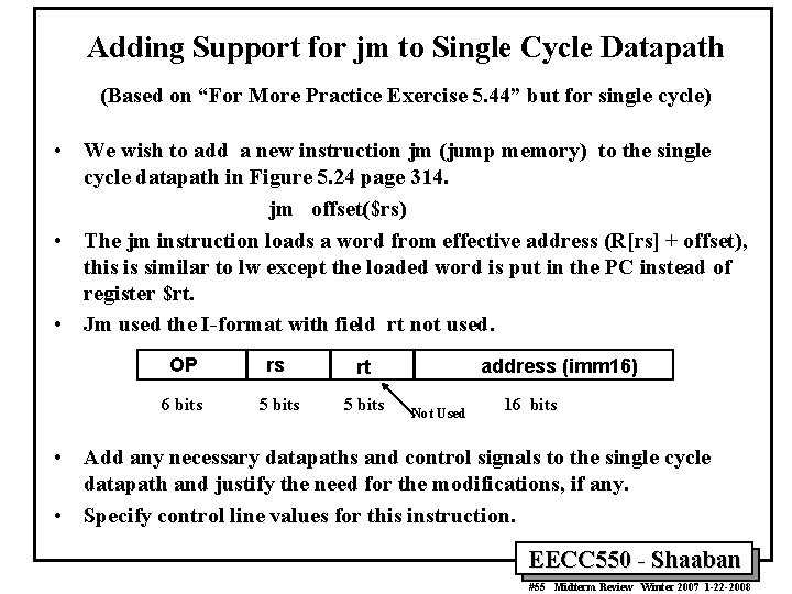 Adding Support for jm to Single Cycle Datapath (Based on “For More Practice Exercise