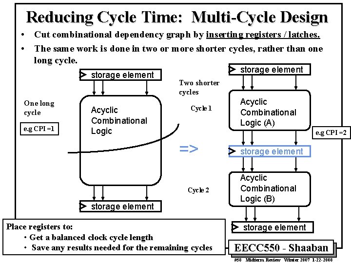 Reducing Cycle Time: Multi-Cycle Design • Cut combinational dependency graph by inserting registers /