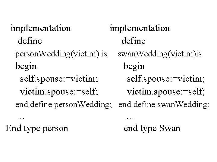 implementation define person. Wedding(victim) is begin self. spouse: =victim; victim. spouse: =self; implementation define
