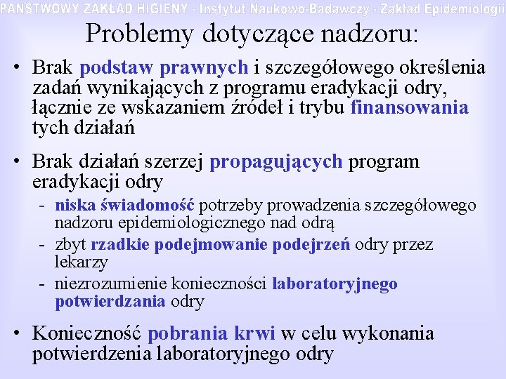 Problemy dotyczące nadzoru: • Brak podstaw prawnych i szczegółowego określenia zadań wynikających z programu