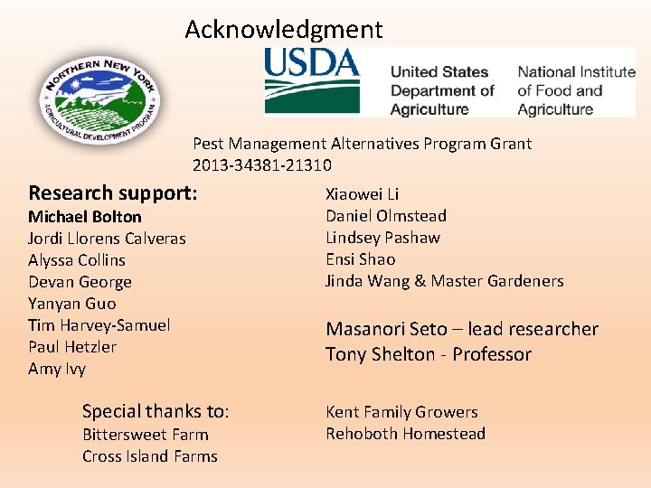 Acknowledgment Pest Management Alternatives Program Grant 2013 -34381 -21310 Research support: Michael Bolton Jordi