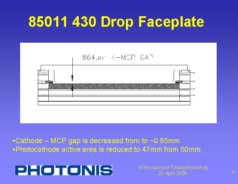 85011 430 Drop Faceplate • Cathode – MCP gap is decreased from to ~0.