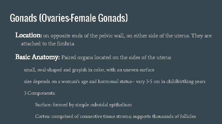 Gonads (Ovaries-Female Gonads) Location: on opposite ends of the pelvic wall, on either side