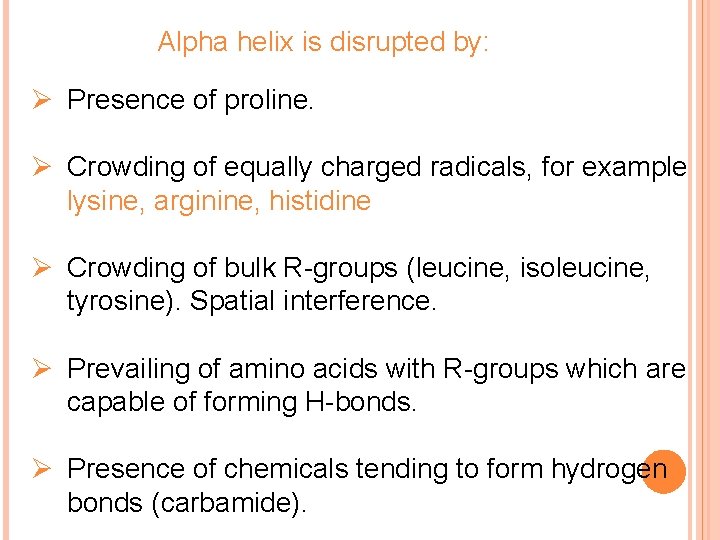 Alpha helix is disrupted by: Ø Presence of proline. Ø Crowding of equally charged