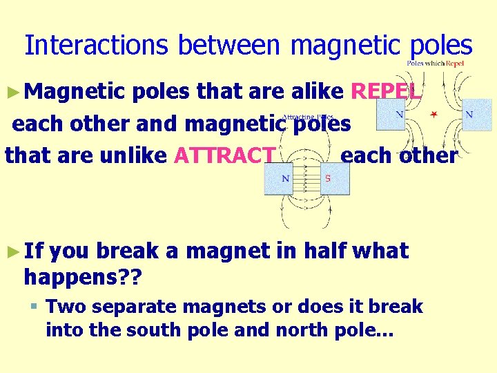 Interactions between magnetic poles ► Magnetic poles that are alike REPEL each other and