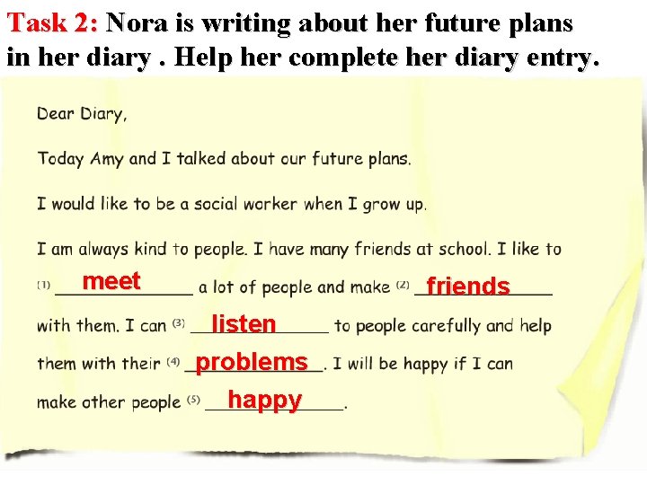 Task 2: Nora is writing about her future plans in her diary. Help her