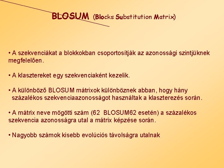 BLOSUM (Blocks Substitution Matrix) • A szekvenciákat a blokkokban csoportosítják az azonossági szintjüknek megfelelően.