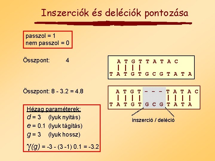 Inszerciók és deléciók pontozása passzol = 1 nem passzol = 0 Összpont: 4 A