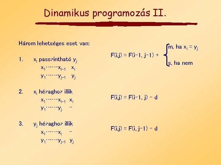 Dinamikus programozás II. Három lehetséges eset van: 1. xi passzintható yj x 1……xi-1 xi