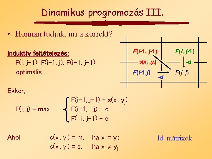 Dinamikus programozás III. • Honnan tudjuk, mi a korrekt? Induktív feltételezés: F(i, j-1), F(i-1,