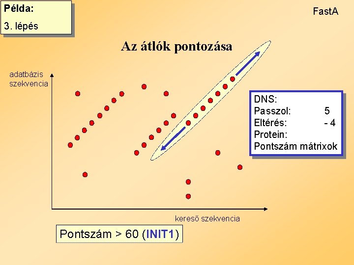 Példa: Fast. A 3. lépés Az átlók pontozása adatbázis szekvencia DNS: Passzol: 5 Eltérés: