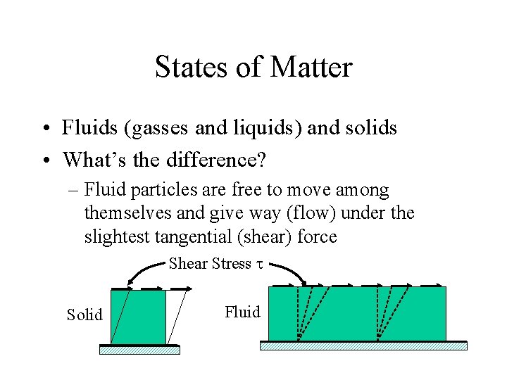 States of Matter • Fluids (gasses and liquids) and solids • What’s the difference?