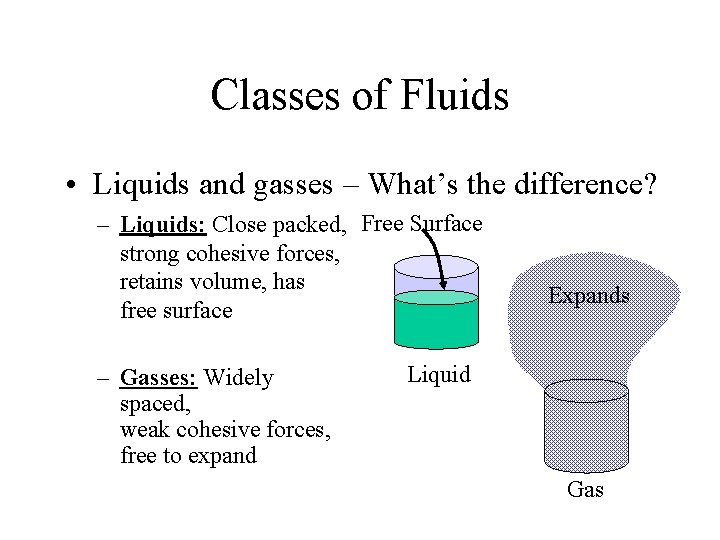 Classes of Fluids • Liquids and gasses – What’s the difference? – Liquids: Close