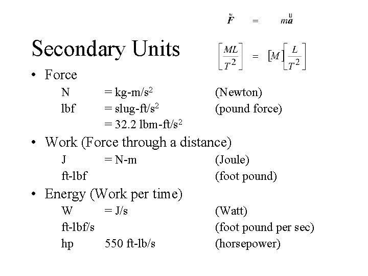 Secondary Units • Force N lbf = kg-m/s 2 = slug-ft/s 2 = 32.