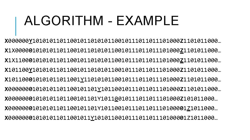ALGORITHM - EXAMPLE X 000000 Y 101010110110010110101011001011101000 Z 1101011000… X 1 X 0000010110110010110101011001011101000 Z