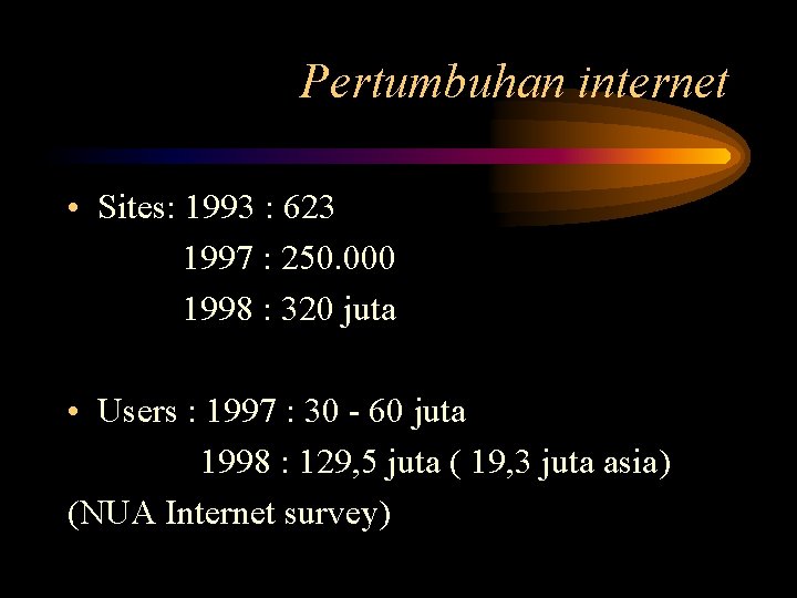 Pertumbuhan internet • Sites: 1993 : 623 1997 : 250. 000 1998 : 320