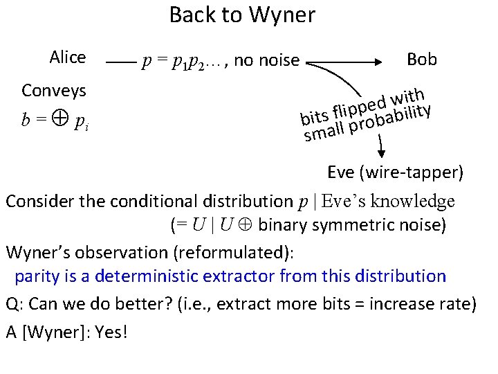 Back to Wyner Alice Conveys b = pi p = p 1 p 2…,