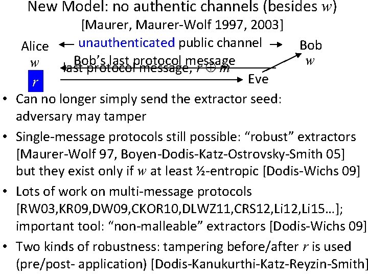 New Model: no authentic channels (besides w) • • [Maurer, Maurer-Wolf 1997, 2003] unauthenticated