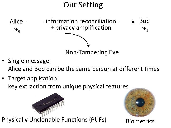 Our Setting Alice w 0 information reconciliation + privacy amplification Bob w 1 Non-Tampering