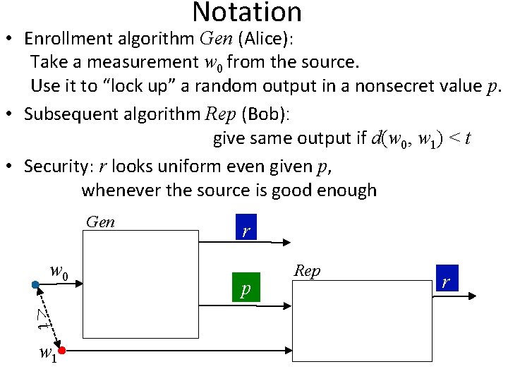 Notation • Enrollment algorithm Gen (Alice): Take a measurement w 0 from the source.