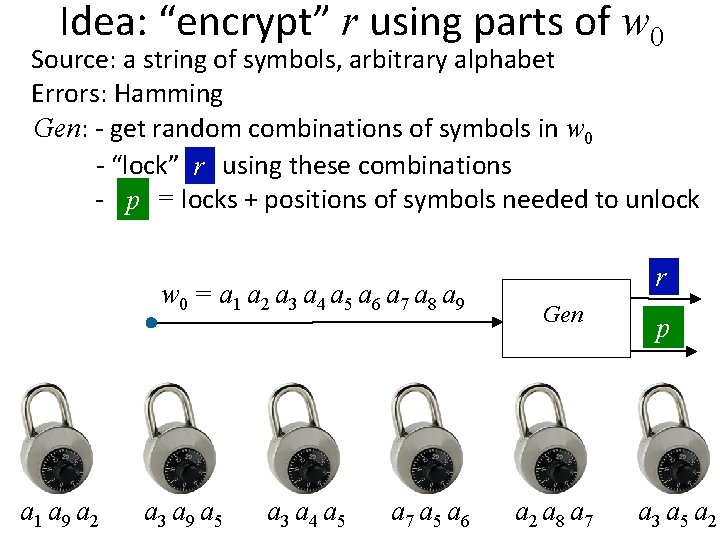 Idea: “encrypt” r using parts of w 0 Source: a string of symbols, arbitrary